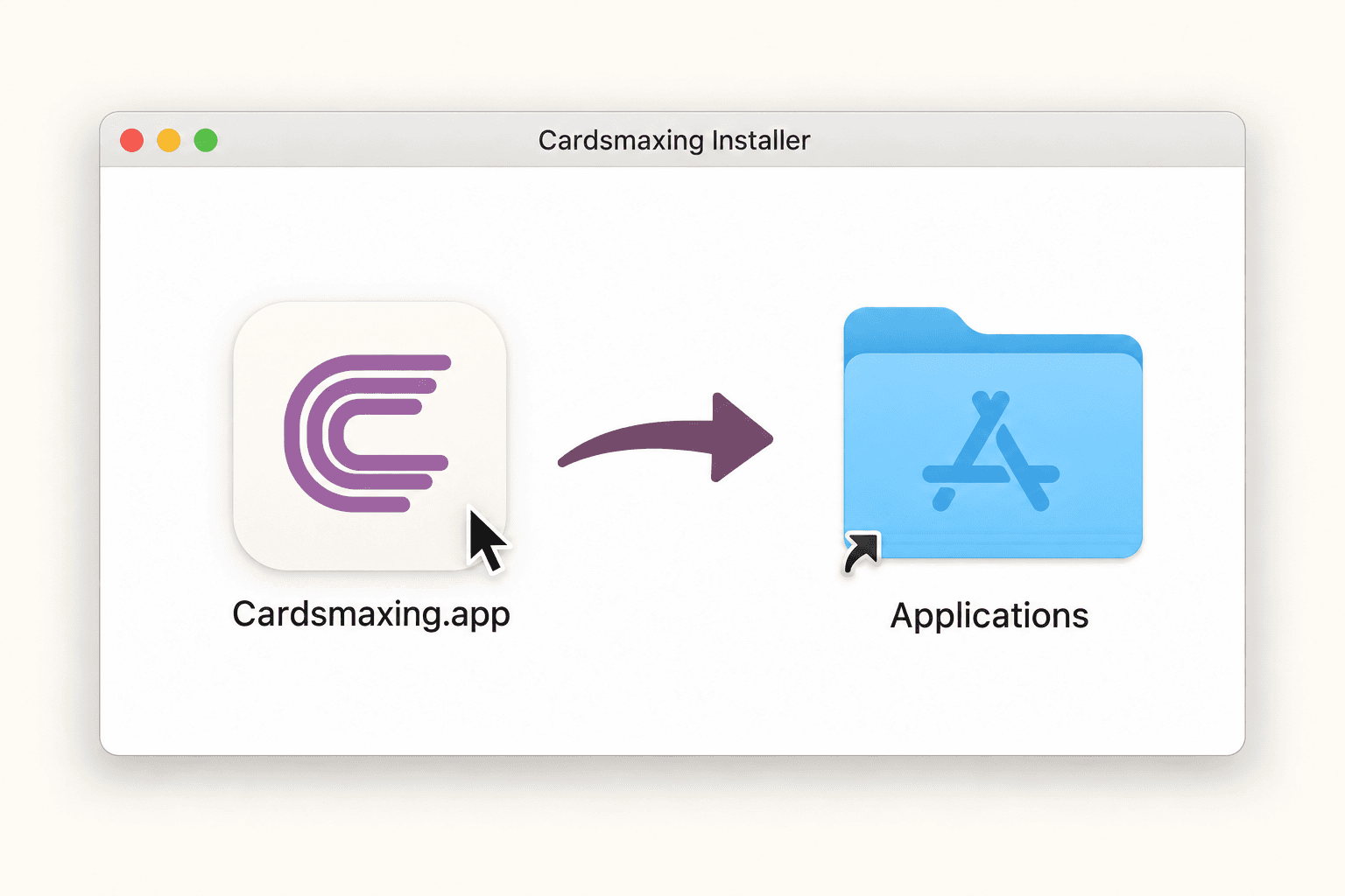 Cardsmaxing.app beside the Applications folder, with an arrow showing where to drag it.