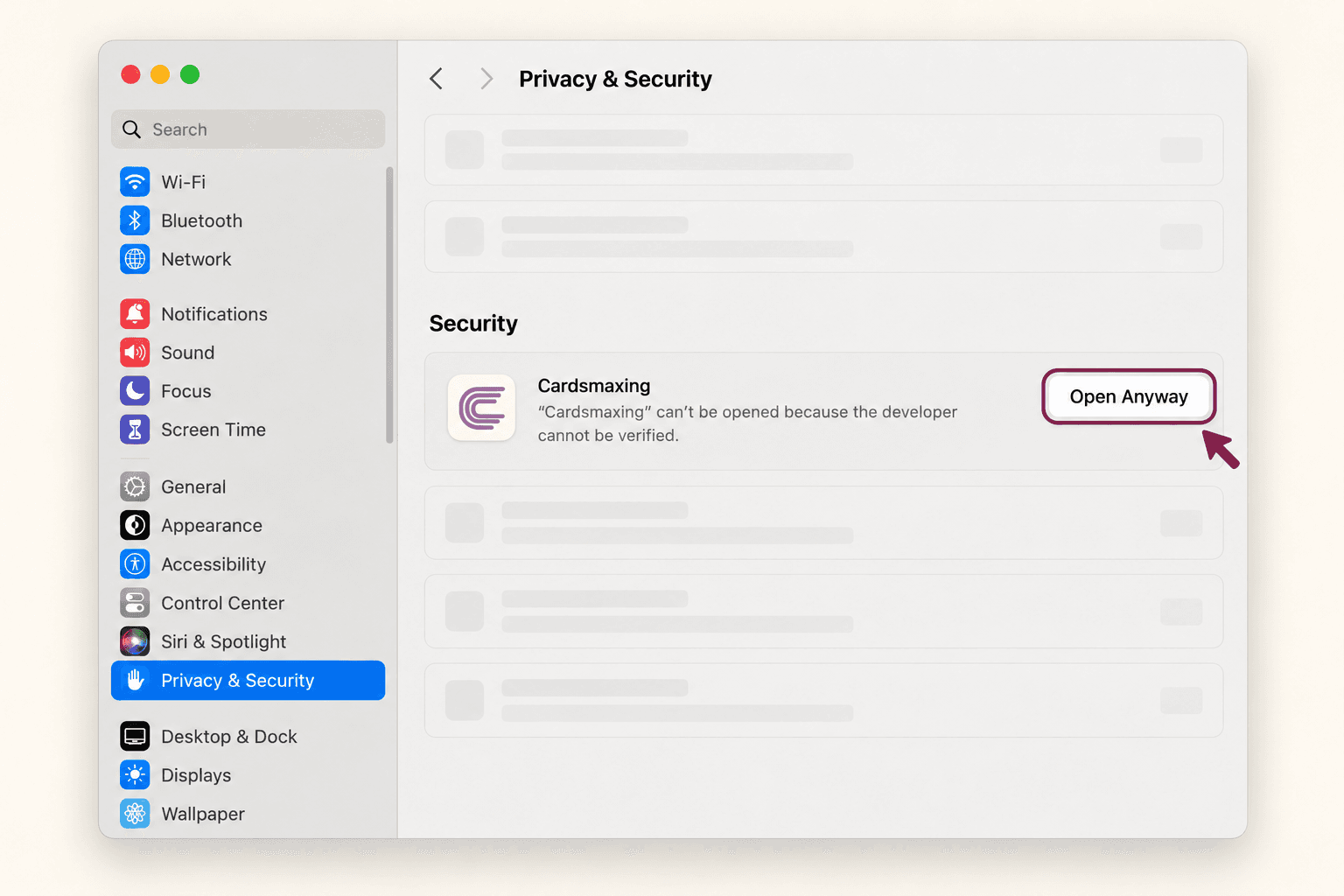 macOS Privacy & Security showing Open Anyway beside Cardsmaxing.