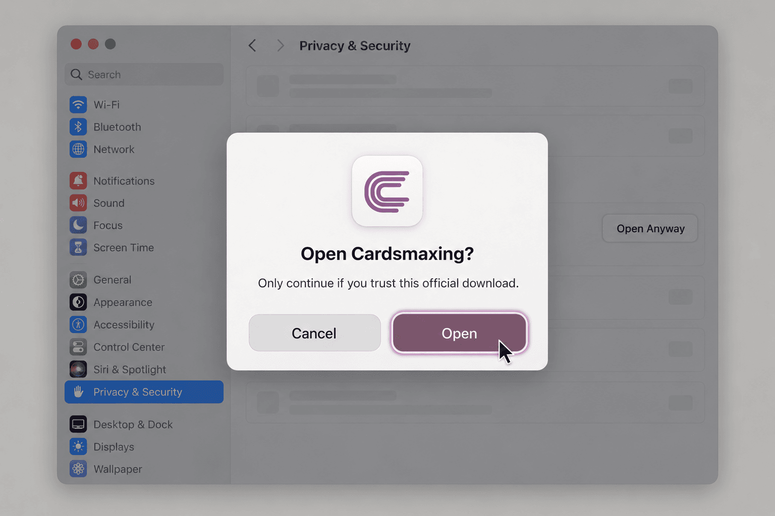 Cardsmaxing confirmation dialog showing Cancel and Open.