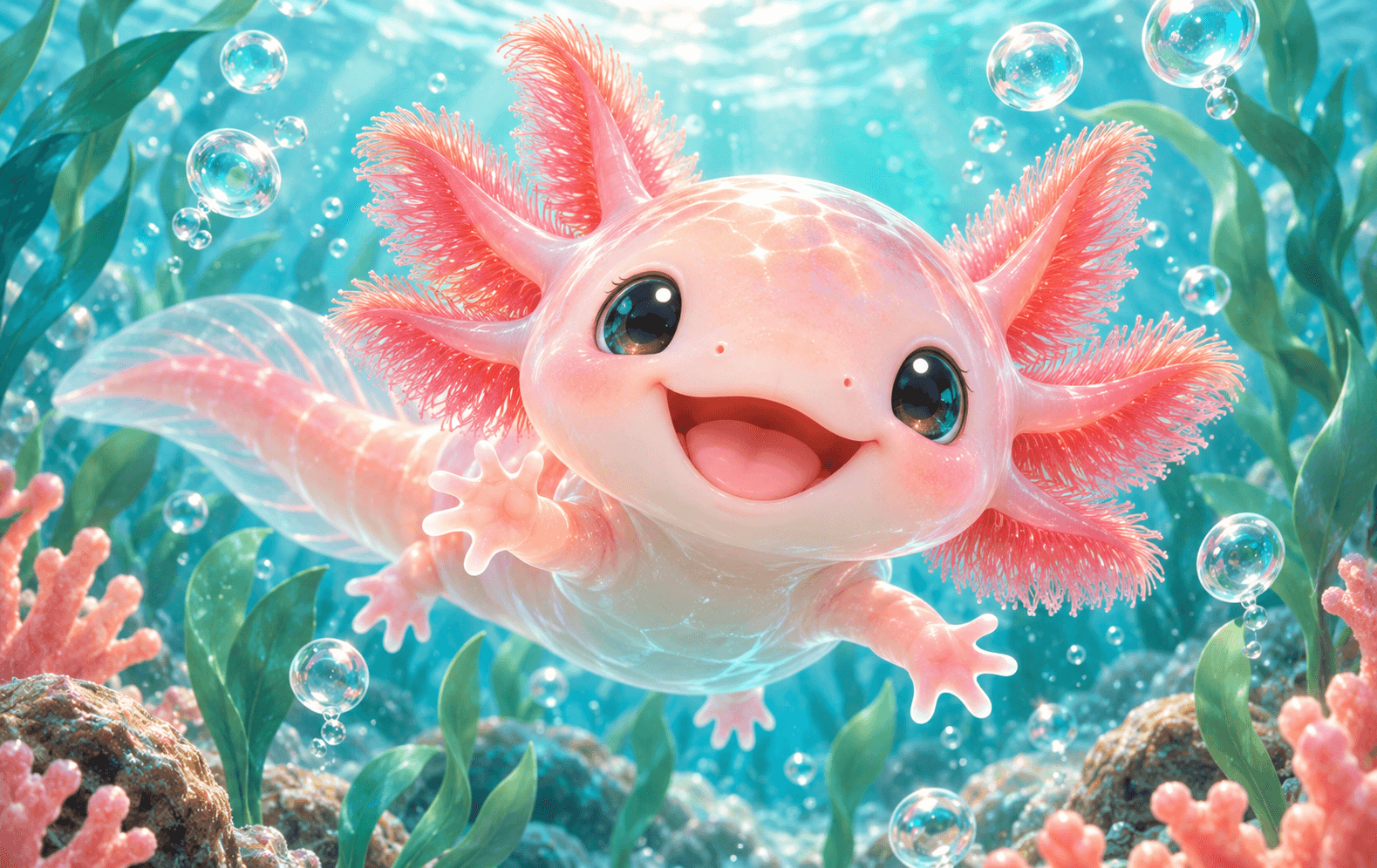 A happy coral-pink baby axolotl floats among pearly bubbles and aqua plants, with tiny waving feet and an innocent smile