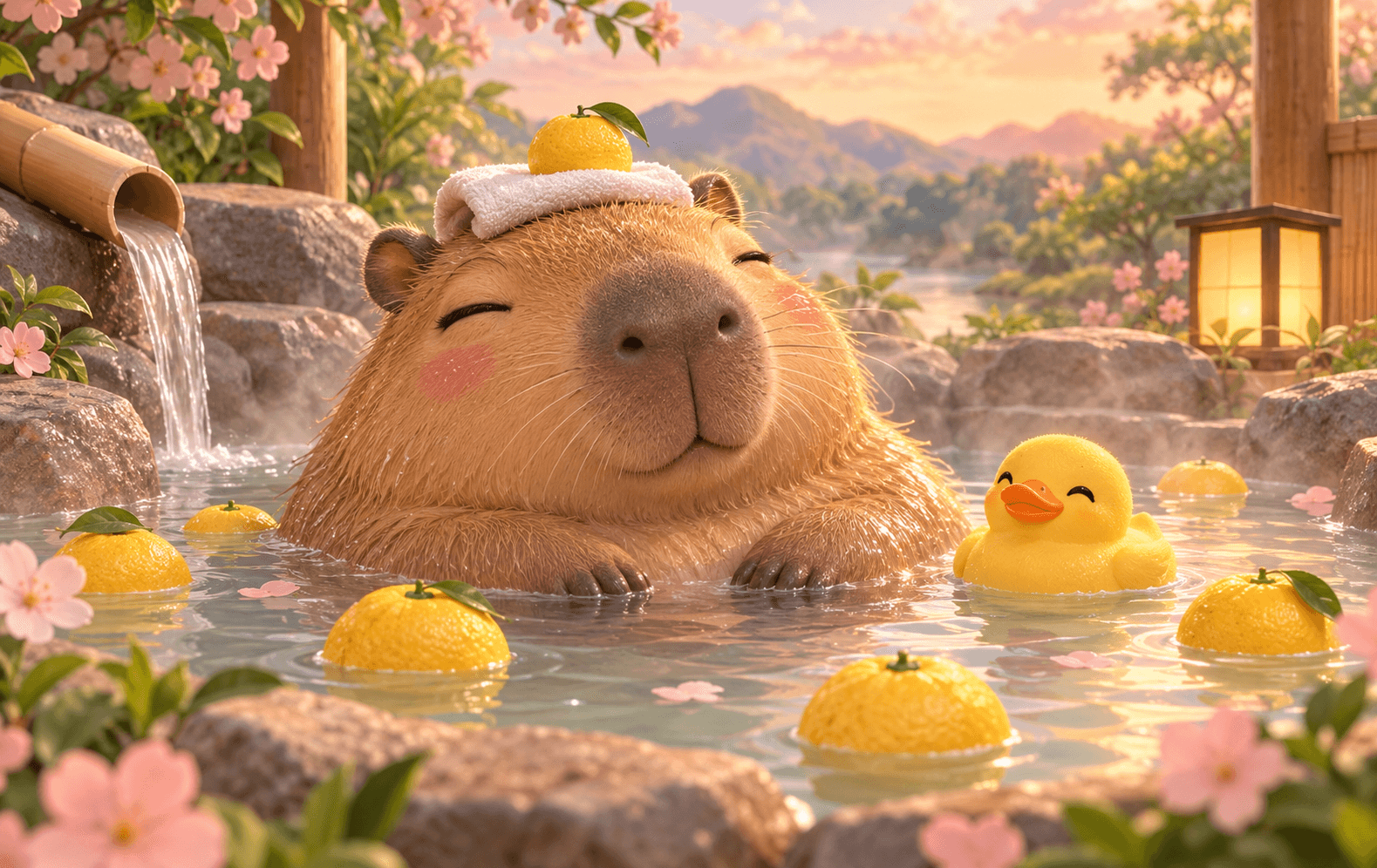 A relaxed capybara shares a warm yuzu bath with a tiny yellow duck and floating blossoms