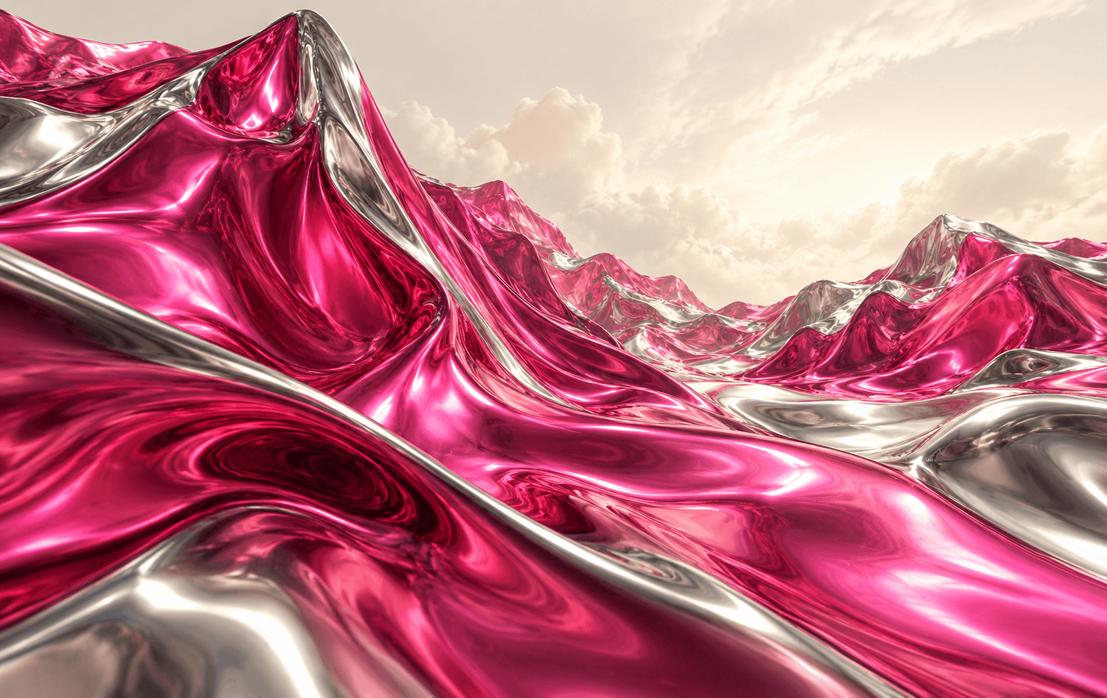 Molten hot-pink metal folding into a dramatic crumpled silk landscape, silver edges, soft cream void, sumptuous tactile macro rendering with bold low-angle curves
