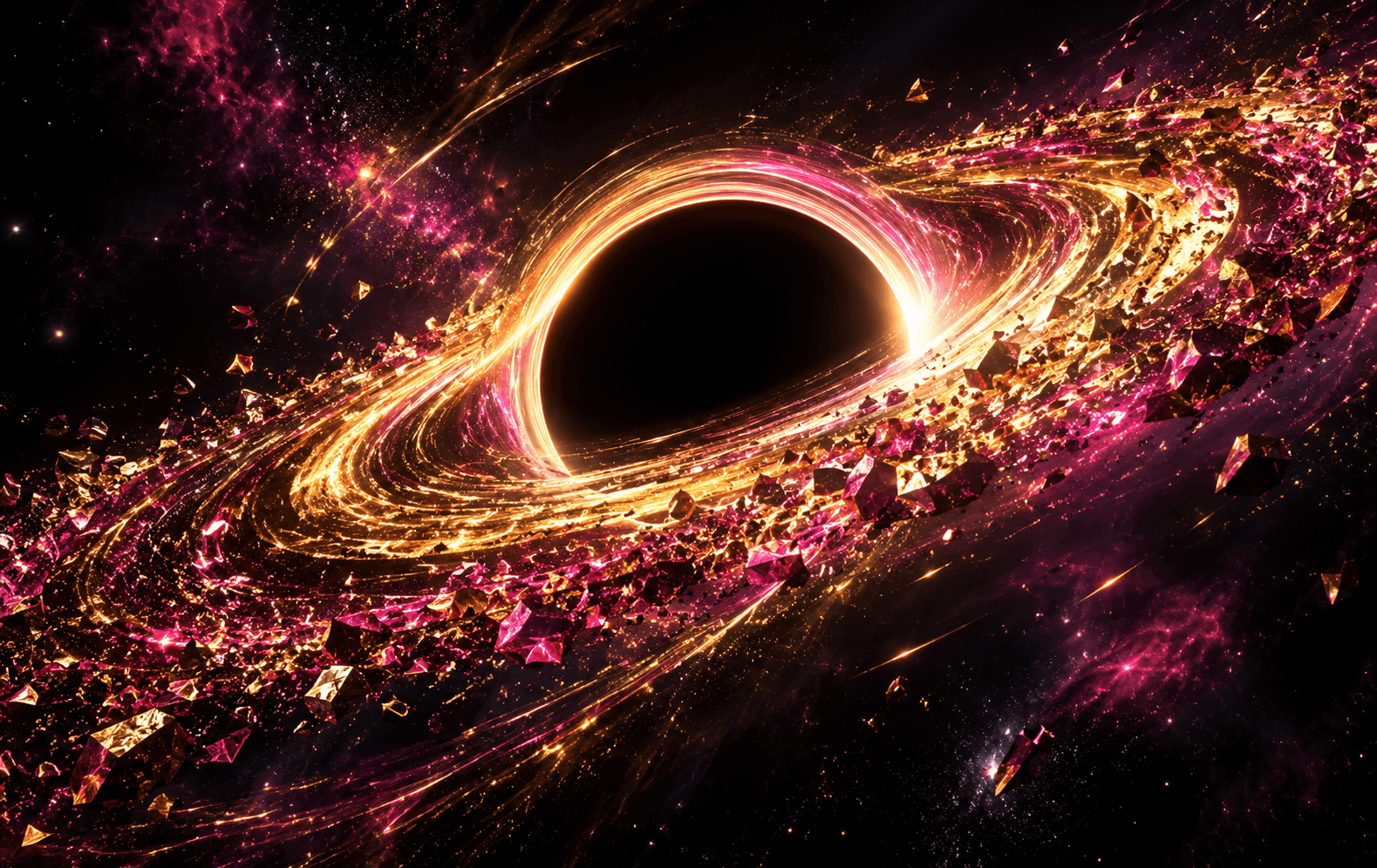 A black-hole-like circular void surrounded by a wildly luminous disco accretion ring made from fragmented gold and magenta light, tilted elliptical perspective, deep black backdrop