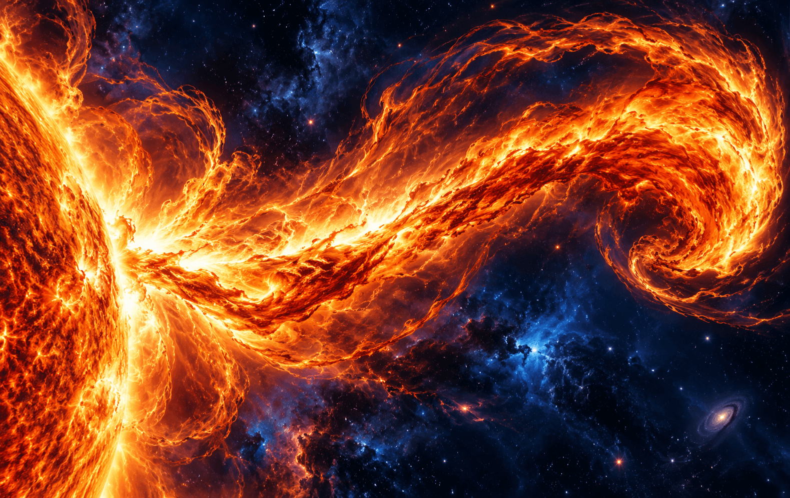 A violently flowing solar prominence shaped as a sweeping flame ribbon across ultramarine void, blazing amber orange, crimson and white-hot cores, dramatic abstract astrophotography fantasy