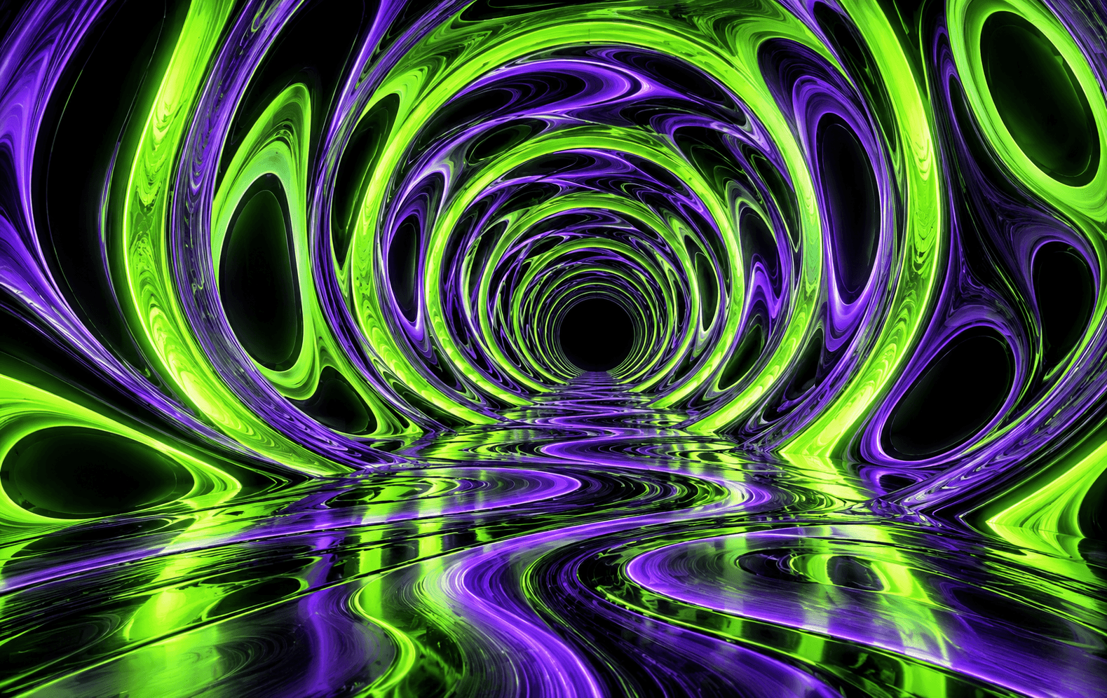 A perspective tunnel of concentric acid-green and violet warped portals, intensely optical and immersive, deep black recesses, clean futuristic geometric light art