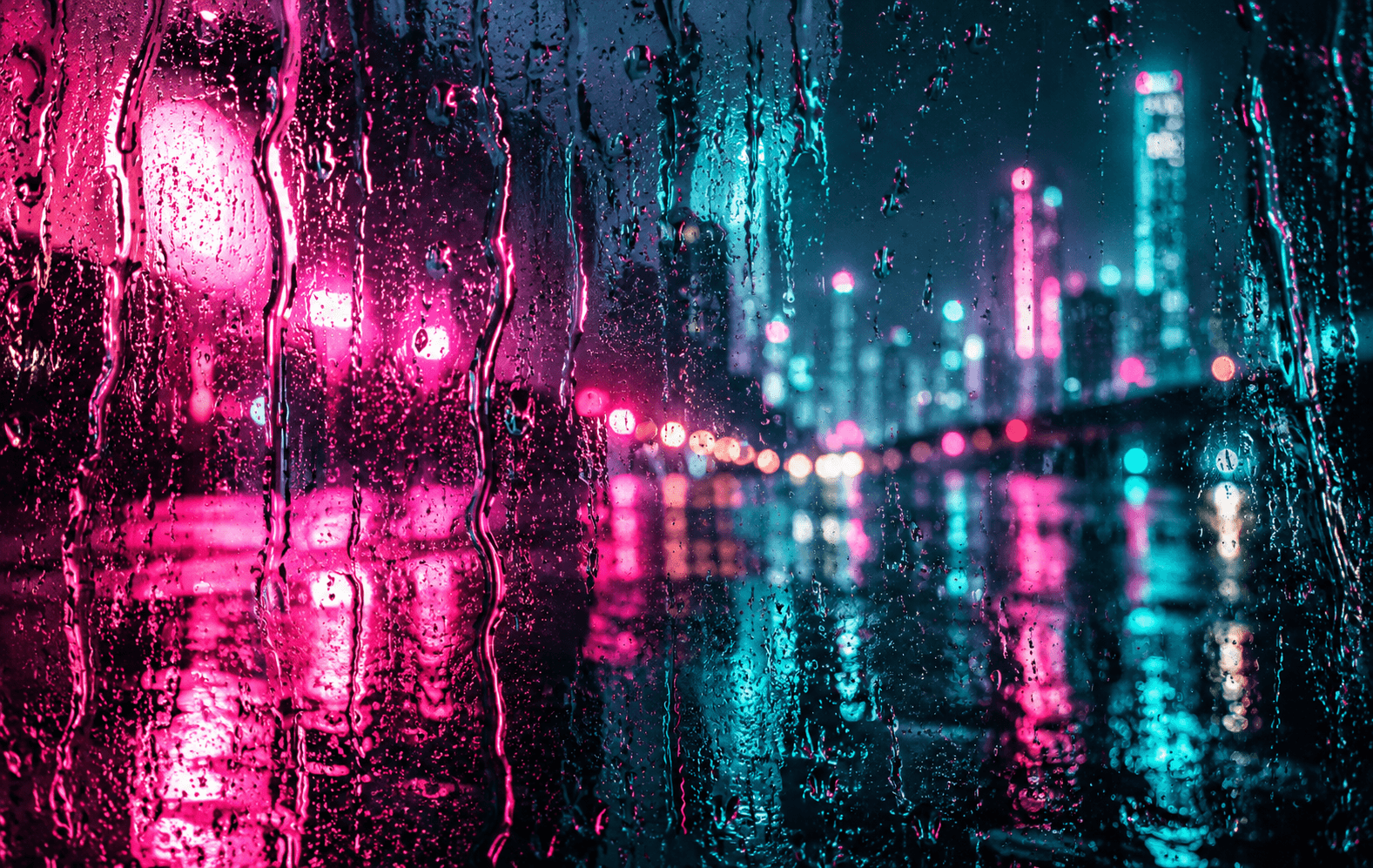 Close-up neon pink and turquoise rain streaks refracted through dark wet glass, dazzling streaks and bokeh with sharp liquid texture, atmospheric cyberpunk abstract photograph