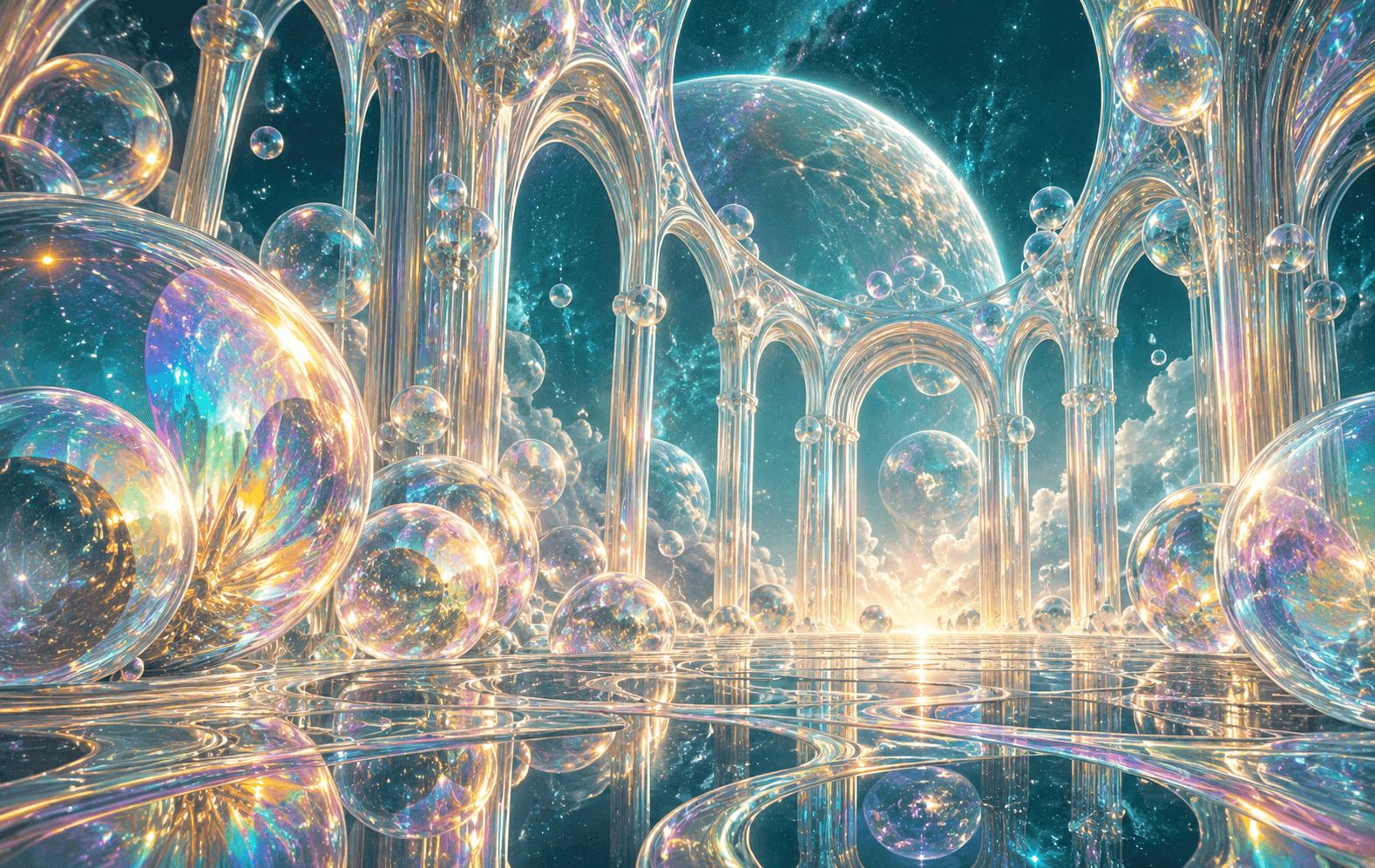 An impossible cathedral-like arrangement of translucent iridescent soap bubbles and opalescent arches, deep teal space, huge luminous forms, intricate rainbow optical caustics, no religious symbols