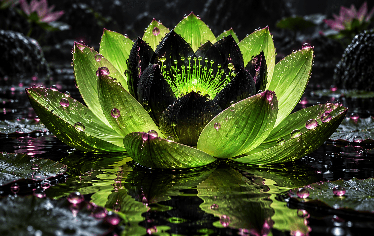 A large lime-green lotus with obsidian-black petals at its center, fluorescent emerald pollen and pink dew droplets, striking hyperreal macro with dense dark water reflections