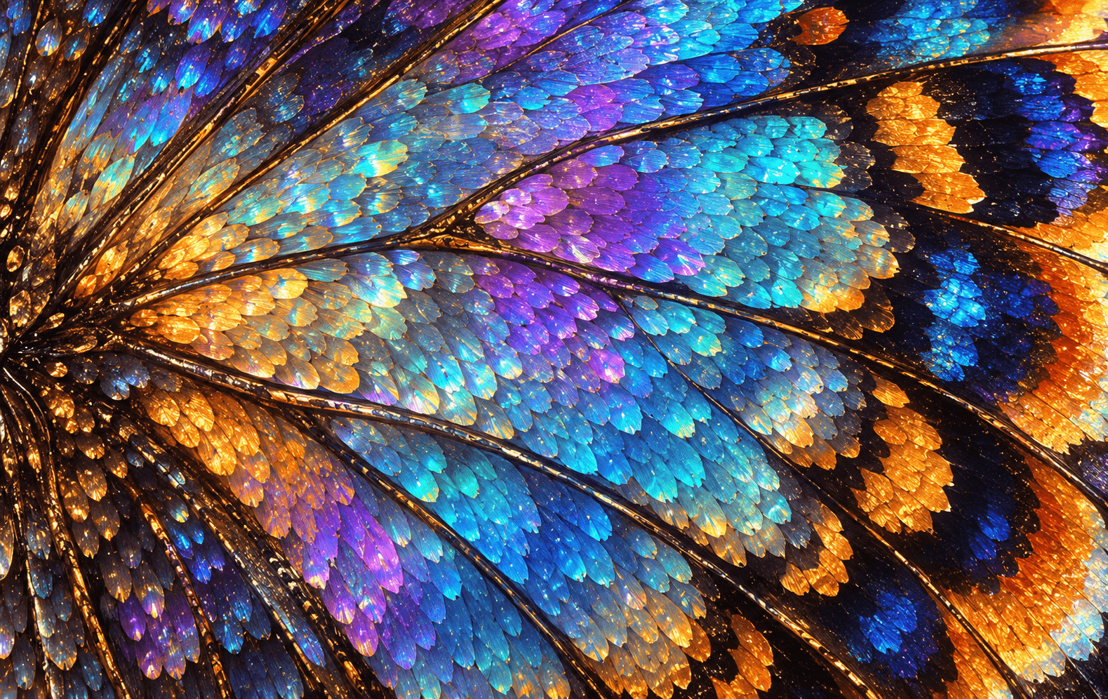An abstract close-up of an original butterfly wing pattern built from iridescent opal scales, vivid cyan, violet and amber, extraordinarily tactile geometric-organic detail filling the canvas