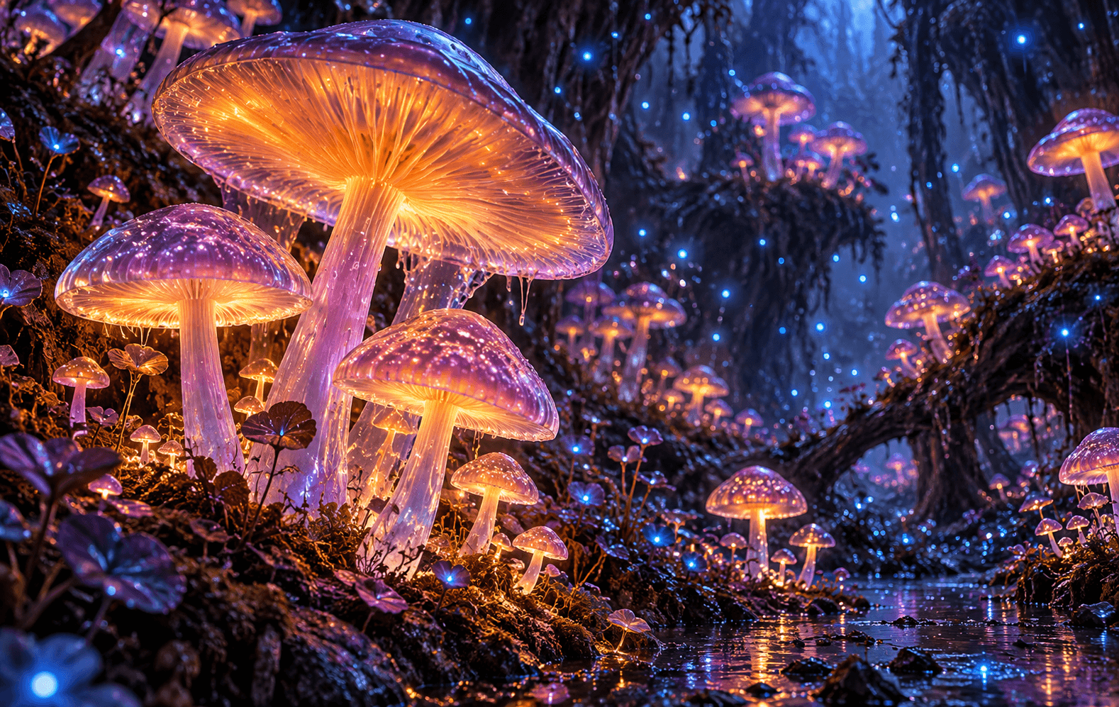 A dense grove of impossible translucent mushrooms glowing orange and lavender, tiny electric-blue spores suspended in darkness, magical psychedelic macro forest with strong focal cluster