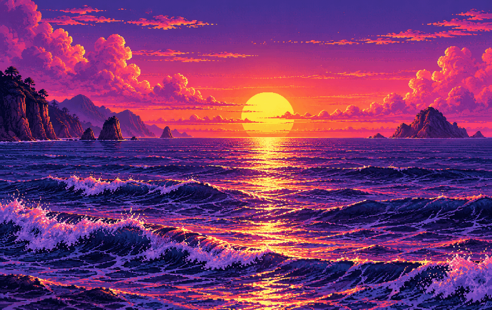An original pixel-art sunset above a neon-purple ocean with a golden sun, pink clouds and bold tiled wave reflections, refined densely detailed 16-bit illustration with no game characters or lettering