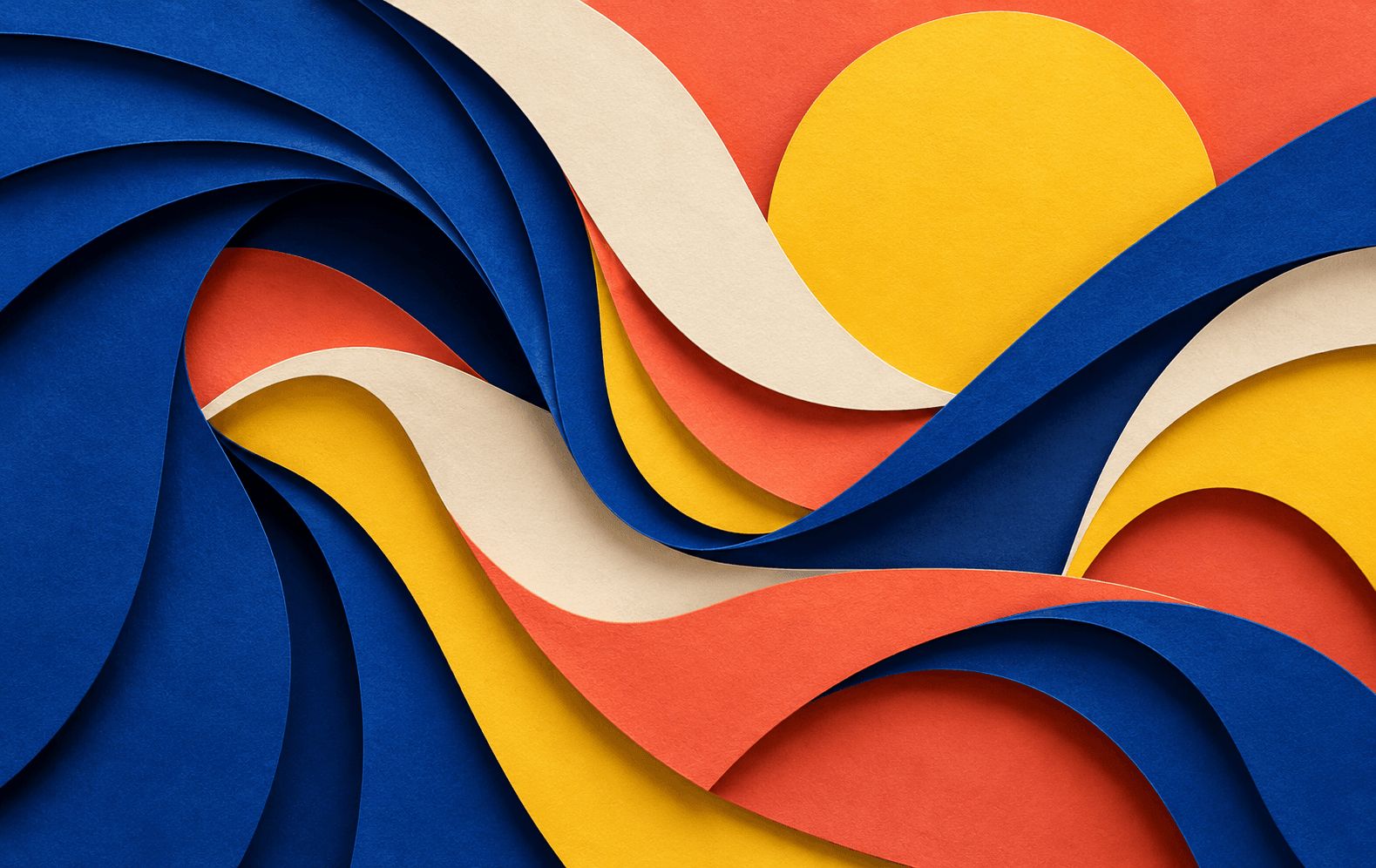 A dramatic layered paper-cut sculpture of giant cobalt, coral, lemon and cream curved sheets interlocking with deep shadows, tactile edges, dynamic asymmetric modern graphic composition