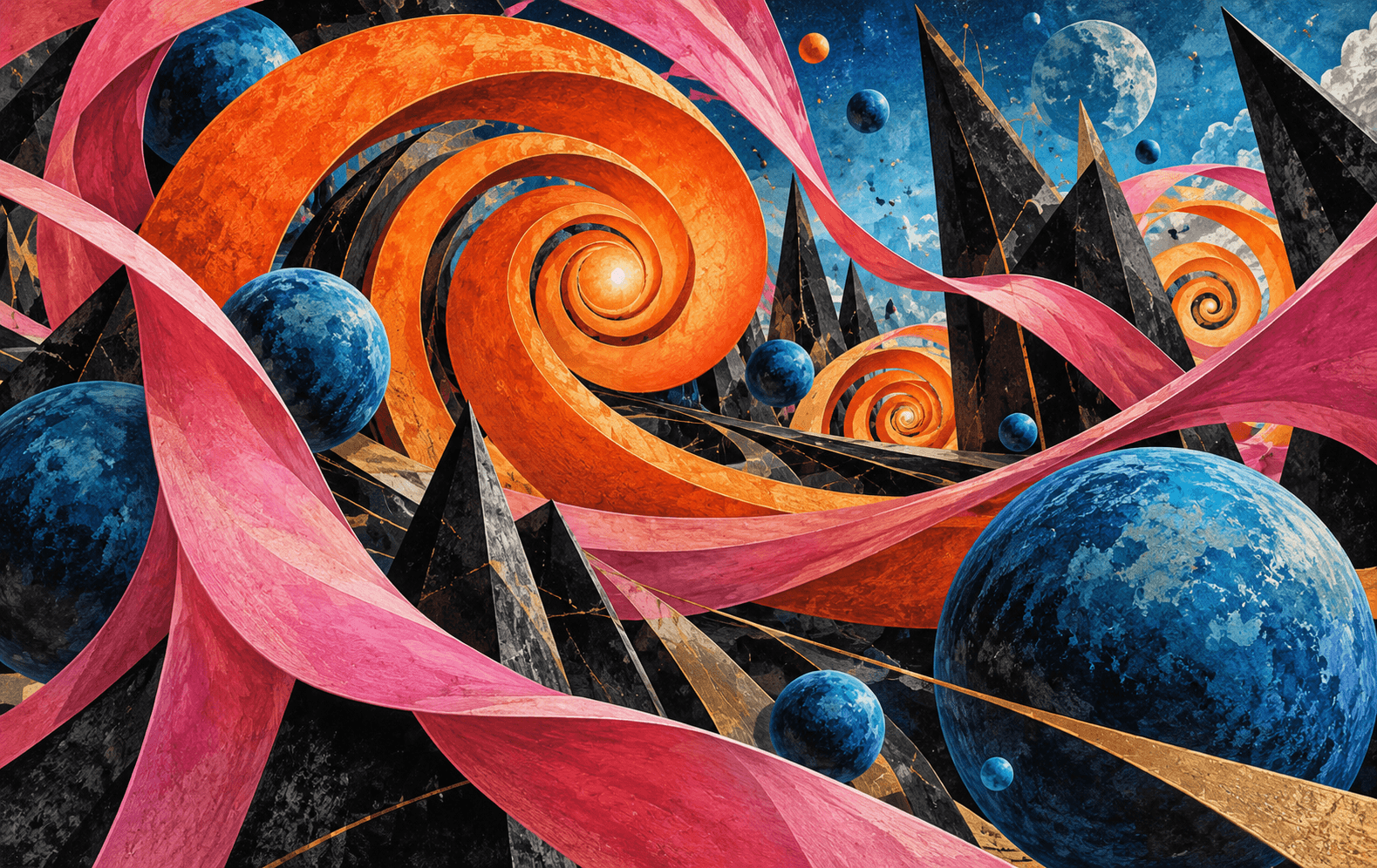 A highly intentional maximalist composition of interlocking orange spirals, pink ribbons, blue spheres and sharp black angular forms, editorial art with strong visual hierarchy and tactile grain