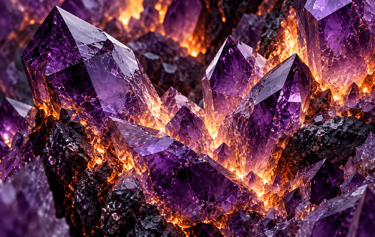 An extreme macro of violet amethyst crystals with molten orange light glowing between facets, black depths and sharp reflective cuts, fantastical premium mineral texture