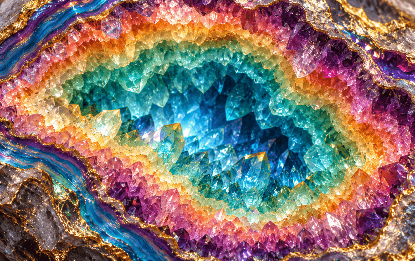 An open fantasy geode filled with luminous concentric rainbow crystal bands, deep cyan center, intricate facets and iridescent gold edges, immersive artistic macro texture