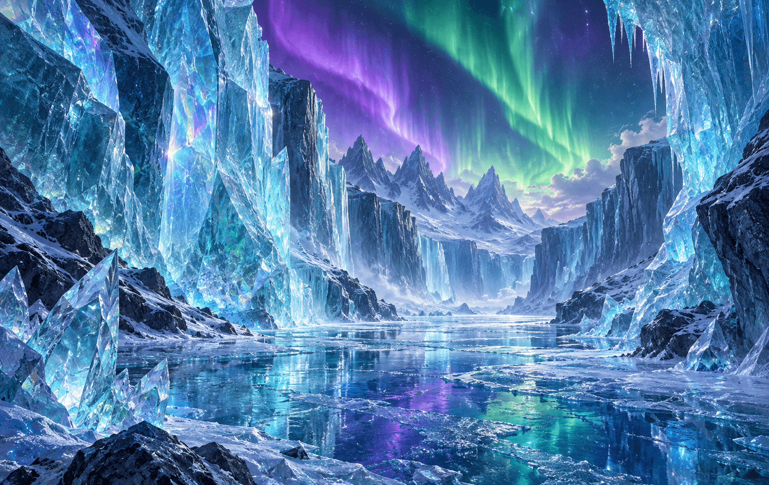 A translucent blue ice canyon enclosing glowing violet and green aurora ribbons, detailed prismatic frost and sharp glacial facets, cinematic fantasy geological landscape