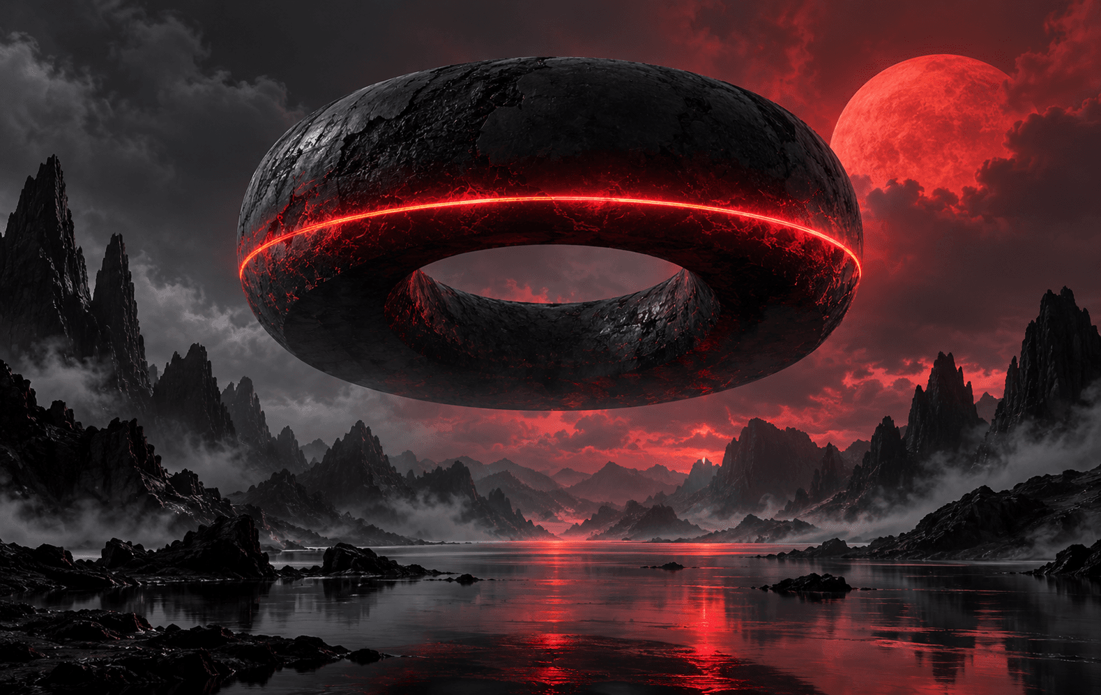 A hovering matte-black torus split by a razor-thin glowing crimson ring, dark volumetric atmosphere, precise futuristic abstract sculpture, powerful minimal tension