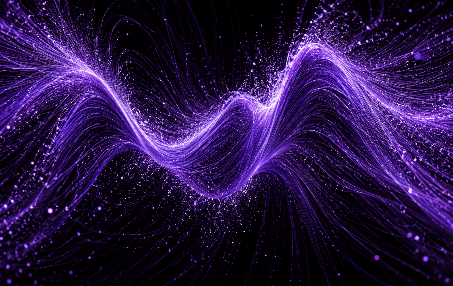 A sweeping waveform made of densely layered luminous purple hair-thin fibers on black, pulsing like an impossible electrical heartbeat, rich optical motion and meticulous macro detail